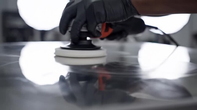 Car polishing machine hand with glove buffing tool creating shiny surface reflection close up automotive care workshop process professional auto detailing gloss maintenance smooth finish