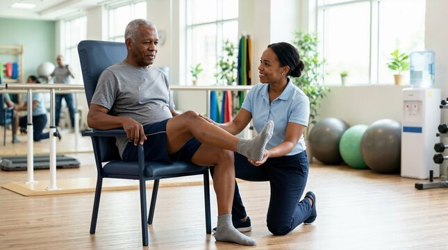 Elderly Black man performing leg lift exercises in physical therapy. Senior patient in hip surgery rehabilitation with physiotherapist. Geriatric recovery and mobility training