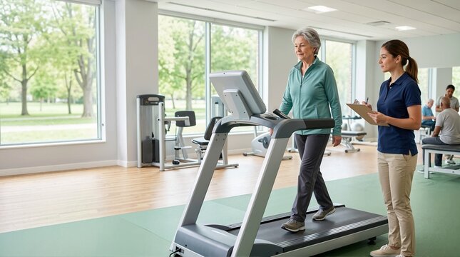 Elderly woman walking on a treadmill in cardiac rehabilitation clinic. Senior patient exercising with physical therapist observation. Cardiovascular health and recovery