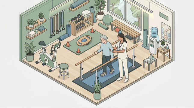 Isometric illustration of elderly man in physical therapy. Senior patient walking with parallel bars and therapist assistance in rehabilitation gym. Geriatric recovery and mobility training