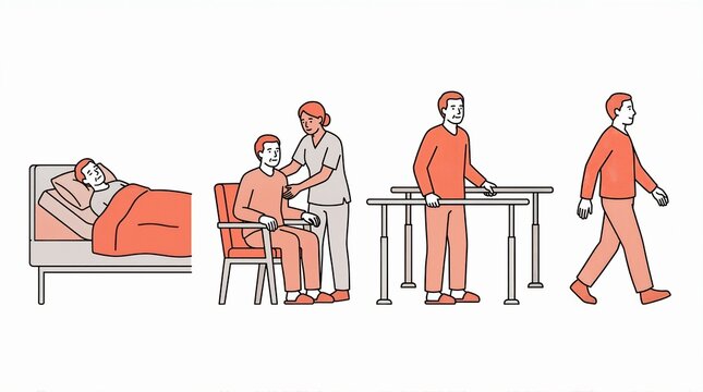 Stages of physical rehabilitation for elderly patient. Vector illustration of recovery process from hospital bed to independent walking. Geriatric mobility and therapy sequence
