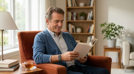 Fototapeta premium Middle aged man reading a book while wearing a medical alert wristband. Adult male at home with a health monitoring wearable device. Safety and wellness technology for independent living