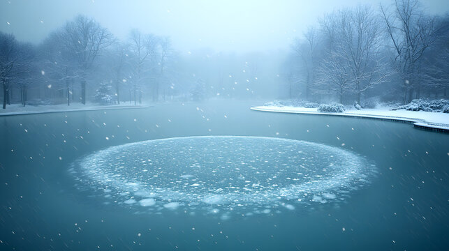 Perfect geometric circle ripple pattern forming on surface of frozen winter lake