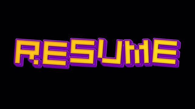 Animated Text RESUME with Animated Alpha Channel &ndash; 3D Purple and Yellow Bold Letters with Vibrant Gaming Style