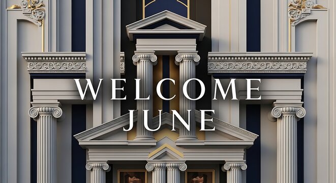 Welcome June sign on classical building facade in black and white.