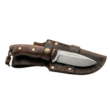 Hunting knife with wooden handle and leather sheath. Survival gear
