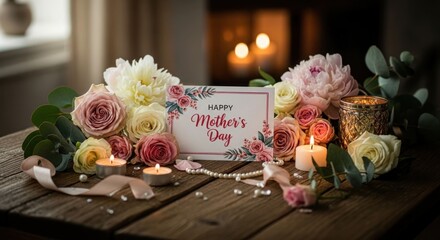 Obraz premium Beautiful Mothers Day floral arrangement with candles and a heartfelt message.