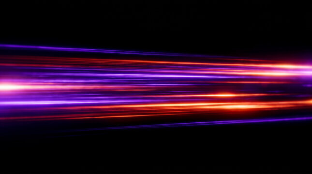Abstract fast motion horizontal glowing neon purple red light trails dark black background dynamic speed energy futuristic cyber vibrant lines 3d rendering graphic