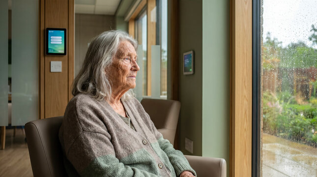 Lonely senior woman sitting in comfortable chair looking through window at rainy weather with smart home technology screen mounted on background wall