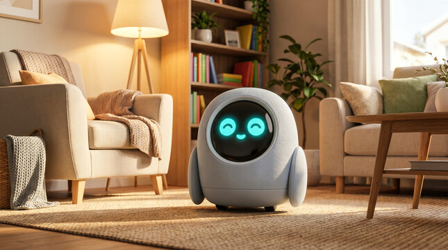 Friendly white domestic assistant robot featuring glowing cyan smiling digital face standing quietly on woven carpet inside comfortable warm sunlit modern living room