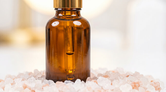 Vertical amber glass dropper bottle filled with golden essential oil standing upright on natural pink himalayan salt crystals inside bright modern spa interior