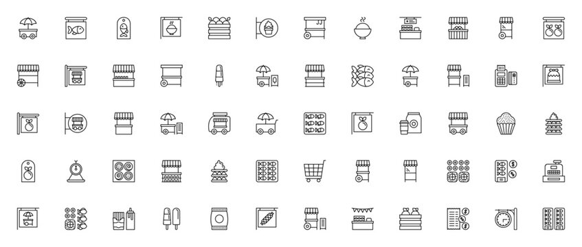 Market icon set. Food stand and market vector icons. Minimalist thin line icons pack. Includes symbols for food stand, fish, rice, oranges, ice cream, bakery, sushi, waffle, fruit and more. Editable s