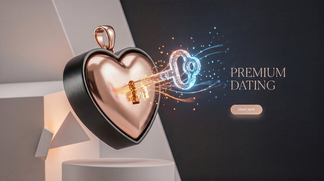Premium dating platform concept floating rose gold metallic heart keyhole glowing crystal key magical sparks typography button romantic connection luxury online matchmaking