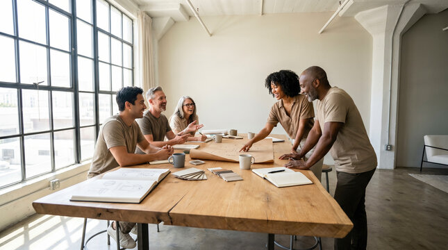 Diverse business team collaborating during creative brainstorming meeting sitting around large wooden table discussing project strategy inside bright modern spacious corporate office