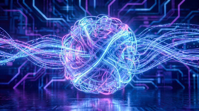luminous fiber optic cable sphere tangled wire core glowing blue pink neon light dark electronic circuit board background cyber data network processing