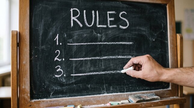 Close-up of a Hand Writing Rules on a Chalkboard with Chalk.