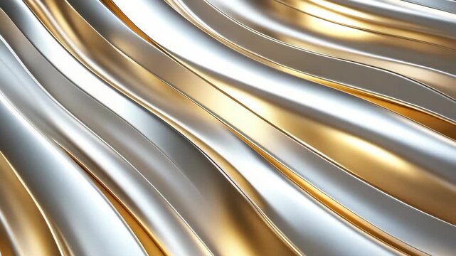 Abstract patterns show silver and gold materials moving together in a bright light. The shapes change as the colors blend softly, creating a flowing look