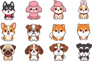 Obraz premium Cute Puppy Dog Breed Vector Element Set with Cartoon Chibi Husky Poodle Corgi Bulldog Pomeranian Pug and Schnauzer Characters for Kids Designs