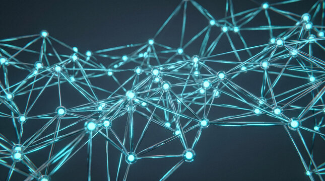Abstract futuristic plexus network structure featuring glowing blue connected spheres with metallic silver lines over dark background illustrating modern digital technology