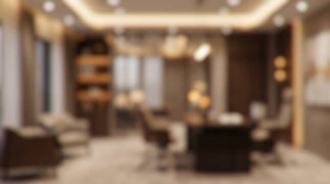 blurred office interior background boardroom conference table creative corporate workspace backdrop lounge area cozy office lighting commercial design presentation template layout