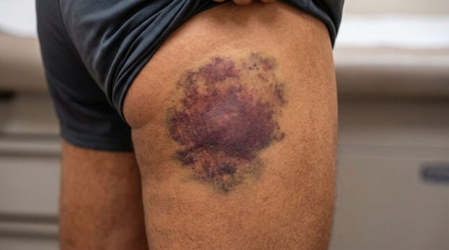 Close-up of a Severe Bruise on a Thigh, Medical Injury.