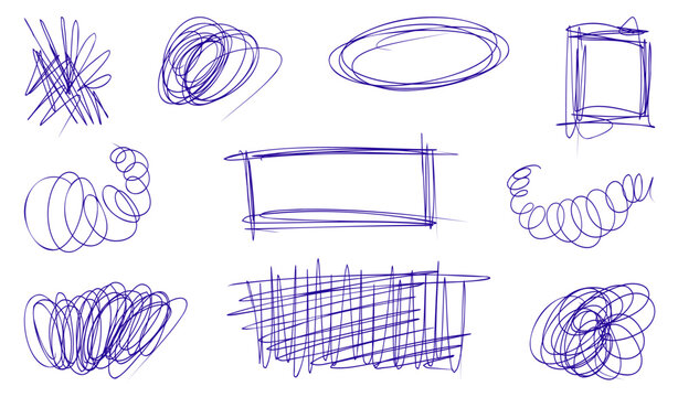 Bundle of random pen scribble textures with messy scrawl lines, scratch marks and hand drawn doodle elements.