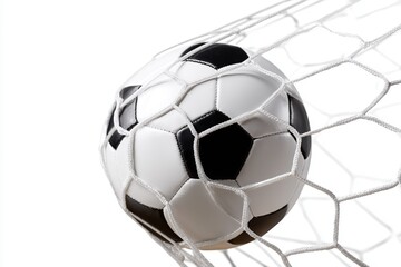 Fototapeta premium Classic black and white soccer ball captured inside a goal net isolated on white background.