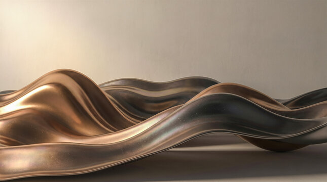 Abstract luxury background featuring elegant flowing 3d liquid metallic waves showing beautiful shiny gold bronze and dark silver colors against clean beige wall