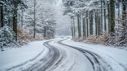Obraz premium Empty narrow winter asphalt countryside road cutting through thick snow forest woods
