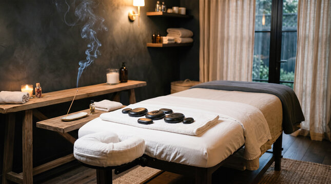 Peaceful luxury wellness spa interior featuring comfortable massage table with smooth black hot stones resting near burning incense creating relaxing dark atmosphere