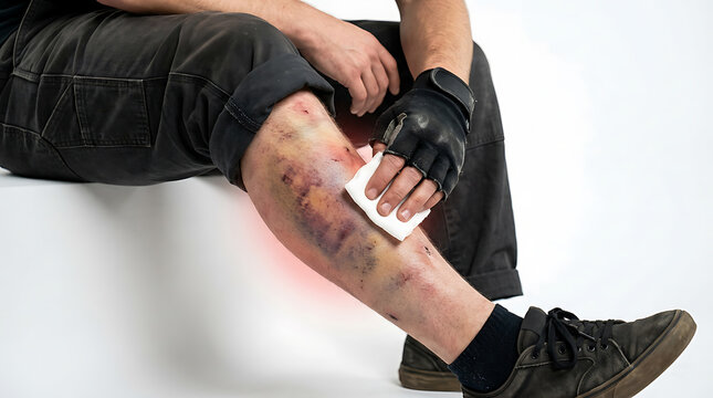 Leg Injury First Aid Treatment. Severe Bruise Pain Relief & Recovery. Medical Accident Rehabilitation Concept.