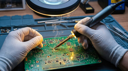 Fototapeta premium professional electronics technician hands wearing white gloves soldering green computer circuit board under magnifying lamp bright modern workshop microelectronics repair concept