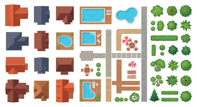 Top down View Building Elements And Landscape Vector Illustration On White
