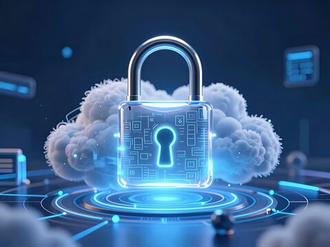 Cloud Computing Security Concept with Holographic Padlock and Digital Data Matrix