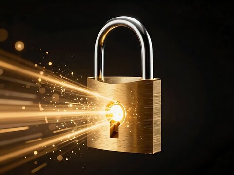 Golden Padlock with Light Burst Rays Representing Secure Data Access and Success