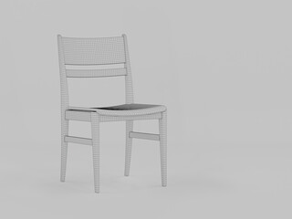 Three-Quarter Perspective 3D Wireframe Clay Render of a Minimalist Dining Chair showing Polygonal Mesh Topology © RobertRestuPambudi