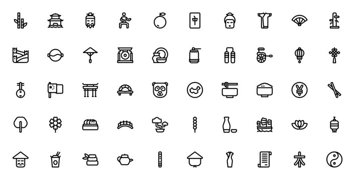China icon set. Chinese vector icons. Minimal line icons. Bamboo, pagoda, martial arts, mahjong, kimono, great wall, dumpling, panda, noodles, teapot, yin yang, lantern and more.