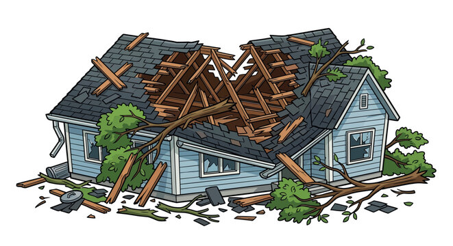 Damaged house with fallen tree limbs vector illustration