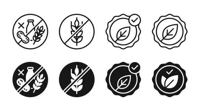 Allergen free and organic food certification icons with allergen certification verified approved guarantee