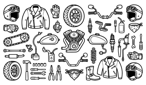 Cute black and white motorcycle parts vector set with biker helmet chain and engine outlines