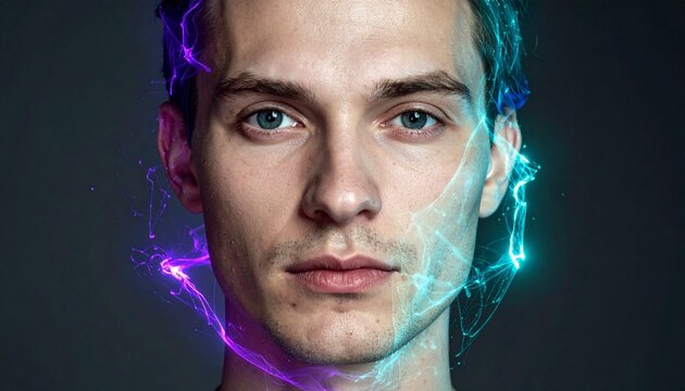 Fragmented floating facial features connected by luminous turquoise and purple energy threads. Crystalline skin, overlapping emotions, dark cinematic concept art.