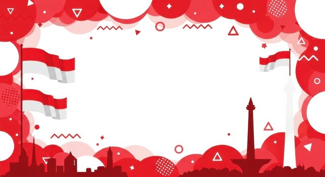 Indonesian independence day frame featuring national flags and monas landmark silhouette.