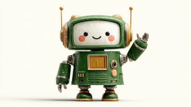 Cute Green Robot Waving Hello on White Background.