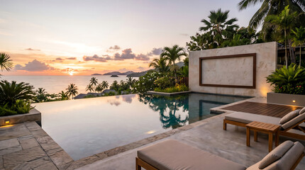 Fototapeta premium Luxurious Infinity Pool Overlooking a Stunning Tropical Ocean Sunset with Palm Trees and Elegant Lounge Chairs at a High-End Resort Villa