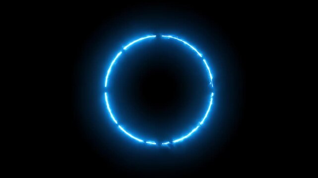 A dynamic circular animation of glowing neon blue lines forms a retro style loading icon expanding and contracting on a black background. ai generated