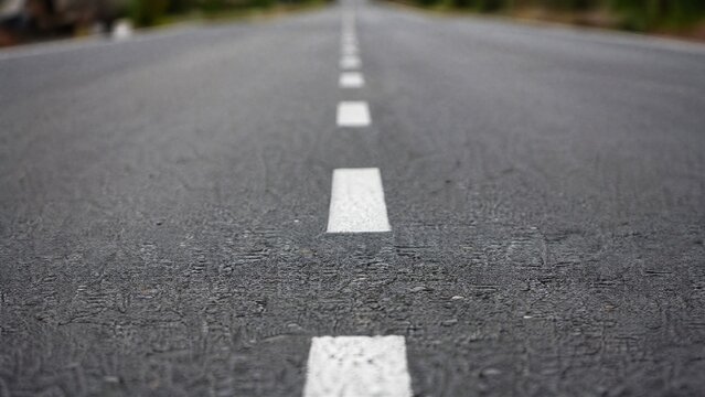 markings. White dashed lines on asphalt road, minimalist perspective with natural daylight and shallow focus. mobility guides, transit brochures, designed for transport & logistics marketing.