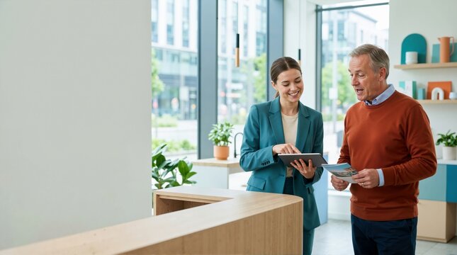Female employee helping customer with digital tablet in modern office. Professional woman consulting mature man with brochure. Customer service and business assistance concept