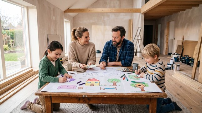 Family engaging in home renovation ideas cozy living room creative planning session bright interior family togetherness concept