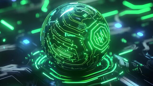 A green sphere with circuit patterns spins slowly on a circuit board. Bright lights flash around it. The setting is a tech event with many gadgets on display