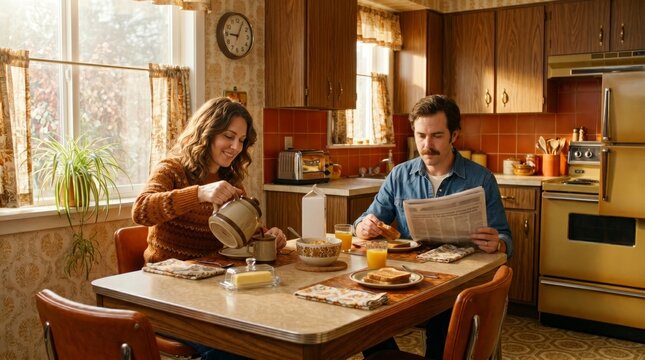 Retro Vintage Breakfast Scene with Couple in 1950s Kitchen